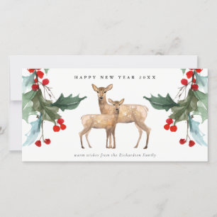ELEGANT RED GREEN HOLLY BERRY DEER DUO NEW YEAR HOLIDAY CARD