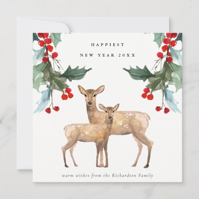 ELEGANT RED GREEN HOLLY BERRY DEER DUO NEW YEAR HOLIDAY CARD (Front)