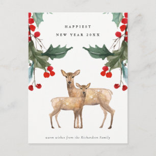 ELEGANT RED GREEN HOLLY BERRY DEER DUO NEW YEAR POSTCARD