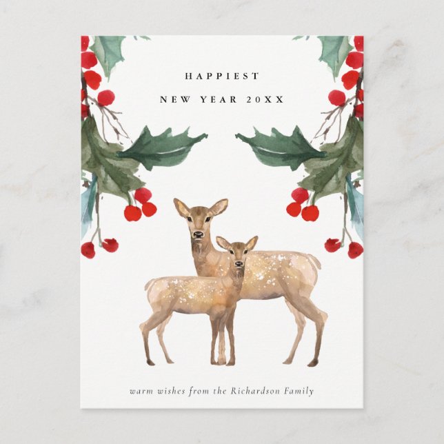 ELEGANT RED GREEN HOLLY BERRY DEER DUO NEW YEAR POSTCARD (Front)