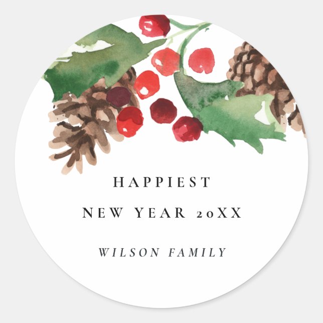 ELEGANT RED GREEN HOLLY BERRY PINE CONE NEW YEAR CLASSIC ROUND STICKER (Front)