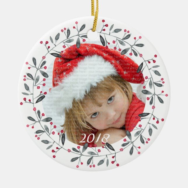 Elegant Red & Green Holly Wreath Christmas Ceramic Tree Decoration (Front)