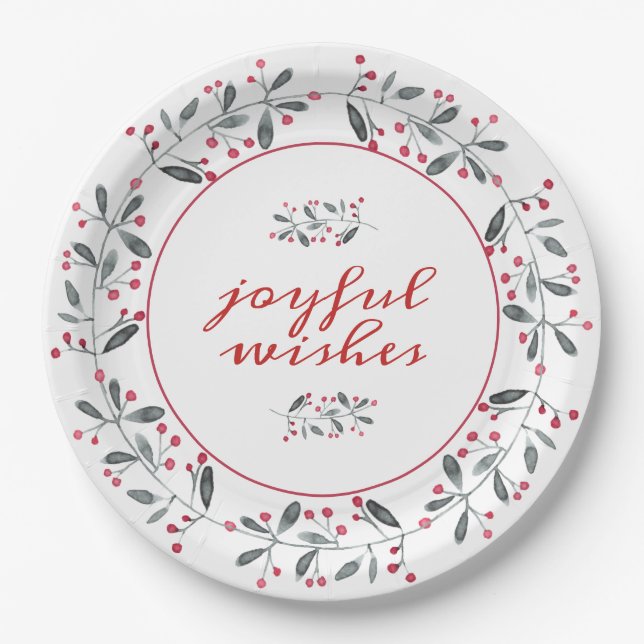 Elegant Red & Green Holly Wreath Christmas Paper Plate (Front)