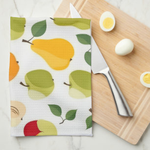 Elegant Red Green Orange Apples Pears Pattern Tea Towel