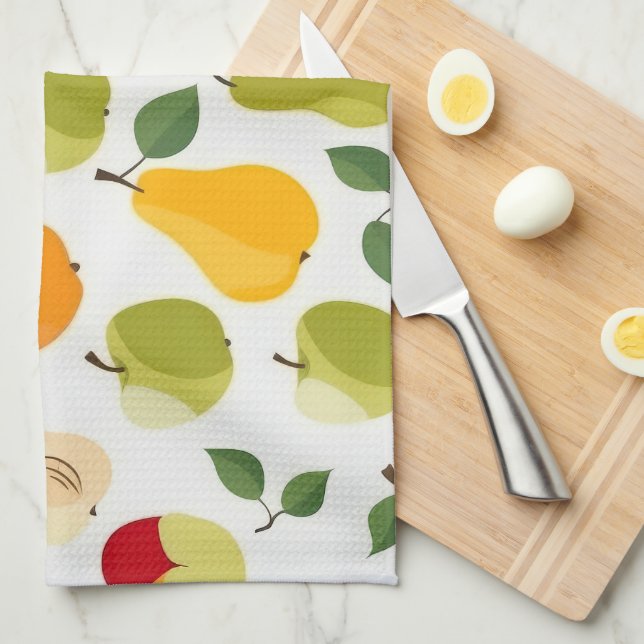 Elegant Red Green Orange Apples Pears Pattern  Tea Towel (Quarter Fold)