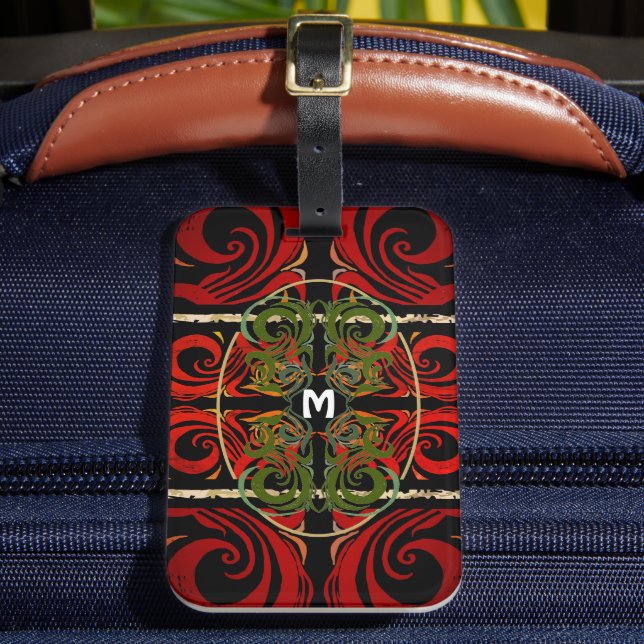 Elegant Red & Green Pattern Monogram  Luggage Tag (Front Insitu 2)