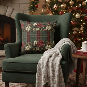 Elegant Red Green Plaid Red Poinsettia Christmas Cushion