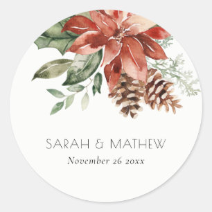 Elegant Red Green Poinsettia Pine Cone Watercolor Classic Round Sticker