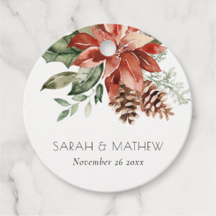 Elegant Red Green Poinsettia Pine Cone Watercolor Favour Tags