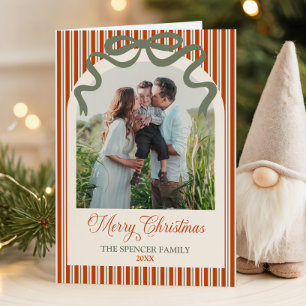 Elegant Red Green Stripe Bow Photo Arch Christmas Card