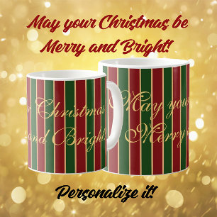 Elegant Red Green Stripe Personalzed Holiday Coffee Mug