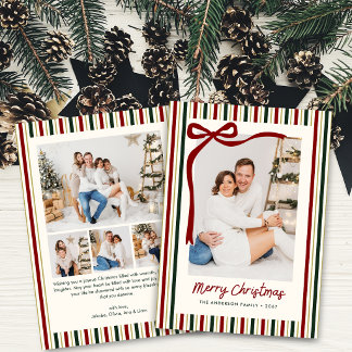 Elegant Red & Green Stripes Christmas 5 Photo Holiday Card