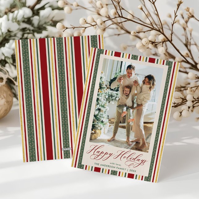 Elegant Red Green Stripes Happy Holidays 1 Photo Holiday Card (Creator Uploaded)