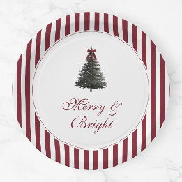 Elegant Red Green Watercolor Tree Christmas Party Paper Plate