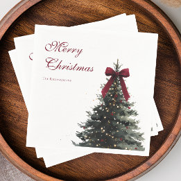 Elegant Red Green Watercolor Tree Merry Christmas Napkin