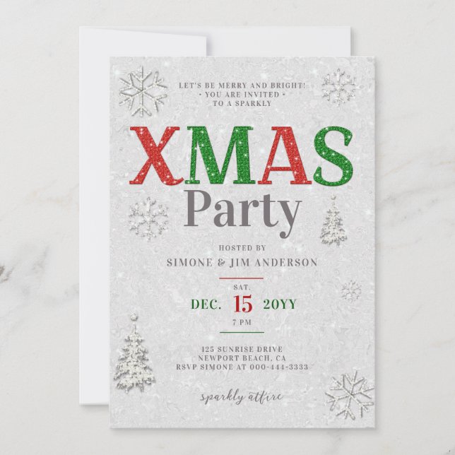 Elegant Red Green White Glitter Christmas Party Invitation (Front)