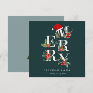 Elegant Red Green White Merry Christmas Foliage Holiday Card