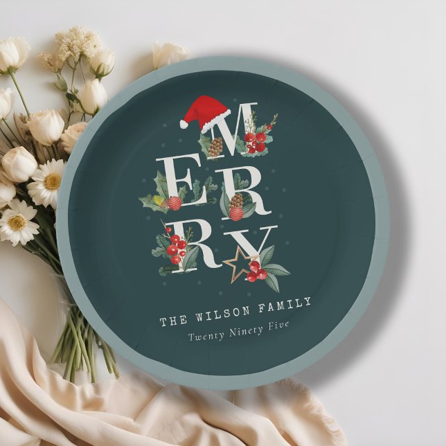 Elegant Red Green White Merry Christmas Foliage Paper Plate (Creator Uploaded)