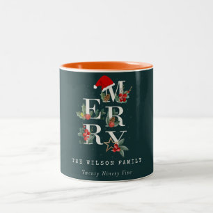 Elegant Red Green White Merry Christmas Foliage Two-Tone Coffee Mug