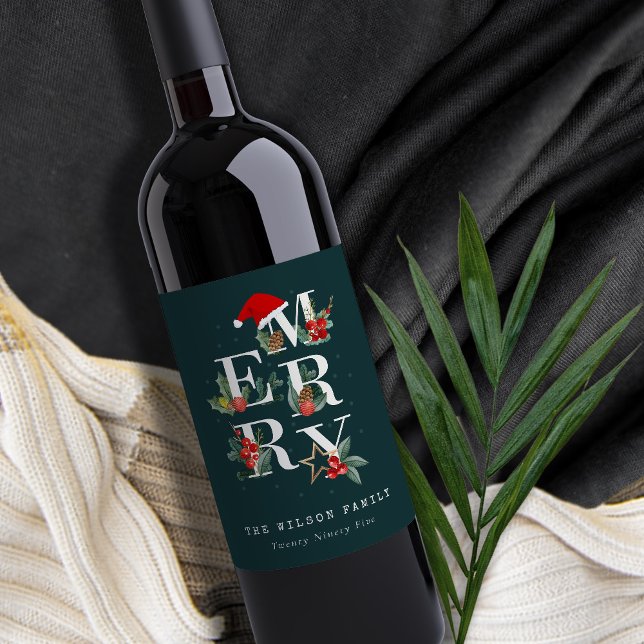 Elegant Red Green White Merry Christmas Foliage Wine Label (Creator Uploaded)