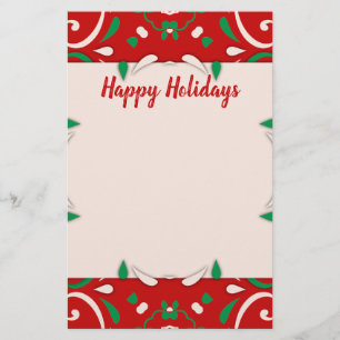 Elegant Red Green White Xmas Border Happy Holidays Stationery