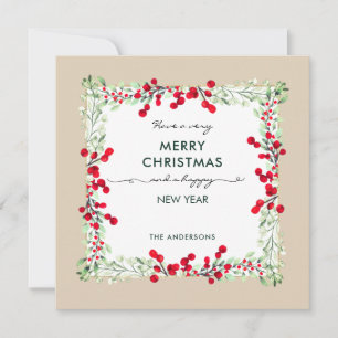 Elegant Red Green Winter Botanical Beige Christmas Holiday Card