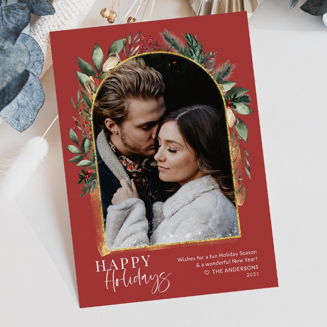 Elegant Red Greenery Gold Arch Snow Overlay Photo Holiday Card (Creator Uploaded)