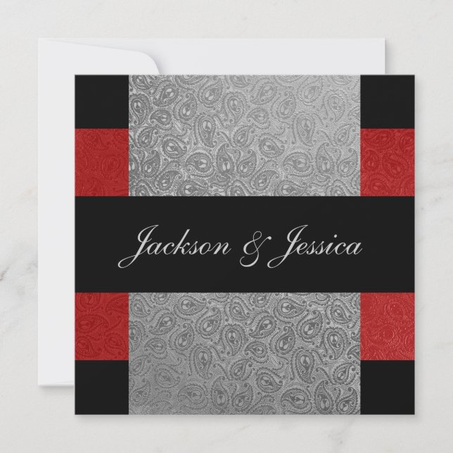 Elegant Red & Grey Paisley Engagement Party Invitation (Front)