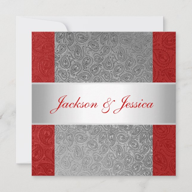 Elegant Red Grey Paisley White Engagement Party Invitation (Front)