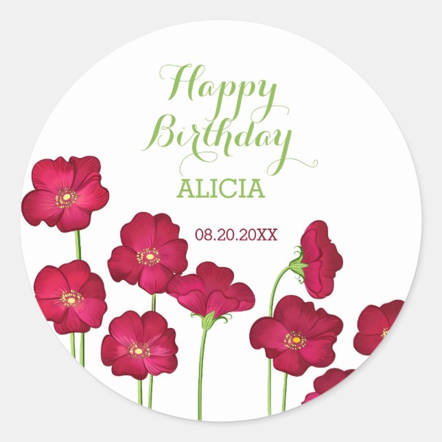 Elegant Red Growing Wildflower Birthday Party Classic Round Sticker (Front)