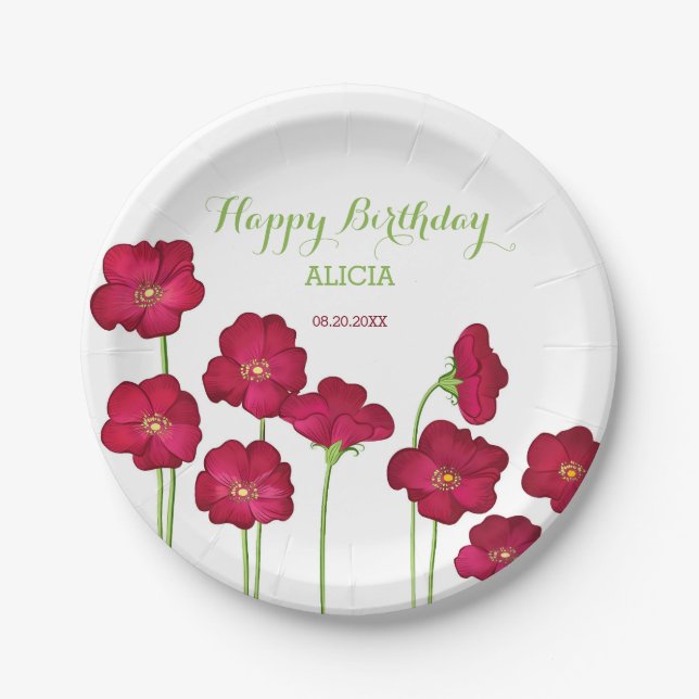 Elegant Red Growing Wildflower Birthday Party Paper Plate (Front)
