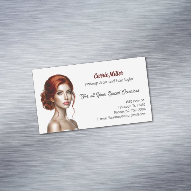 Elegant Red-Haired Makeup Artist Magnetic Business Card (In Situ)