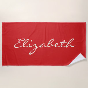 Elegant Red Handwritten Script Name Beach Towel