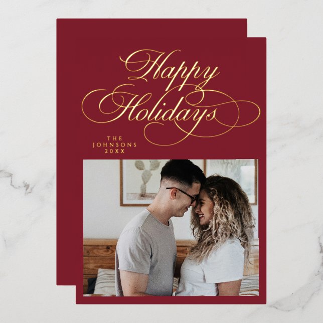 Elegant Red Happy Holidays Photo Christmas  Foil Holiday Card (Front/Back)