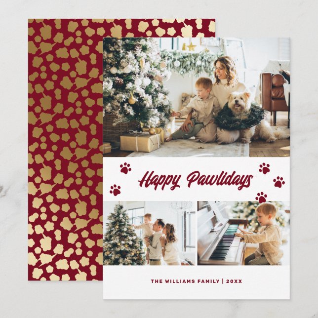 Elegant Red Happy Pawlidays Gold Stars Photo Holiday Card (Front/Back)