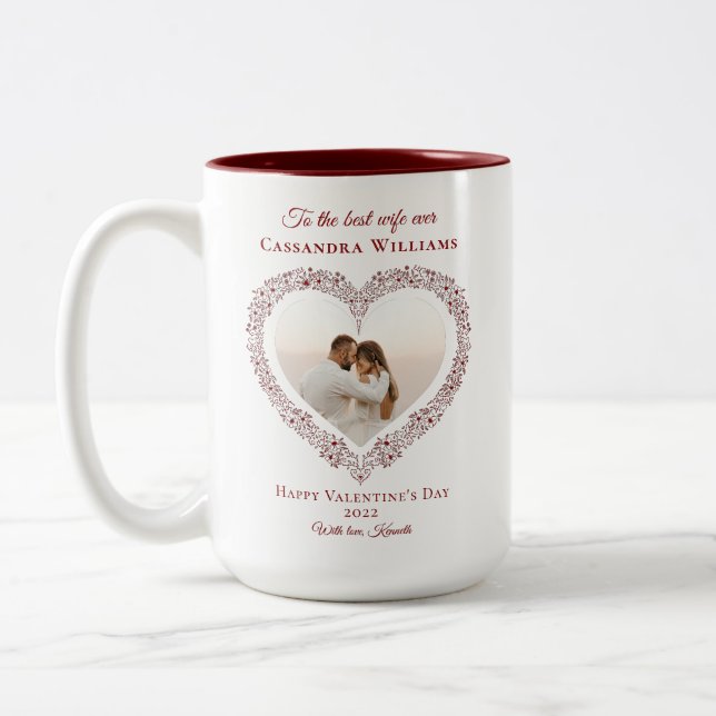 Elegant Red Heart Best Wife Photo Valentines Day Two-Tone Coffee Mug (Left)