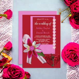 Elegant Red Heart Bow Script Classy Formal Wedding Invitation