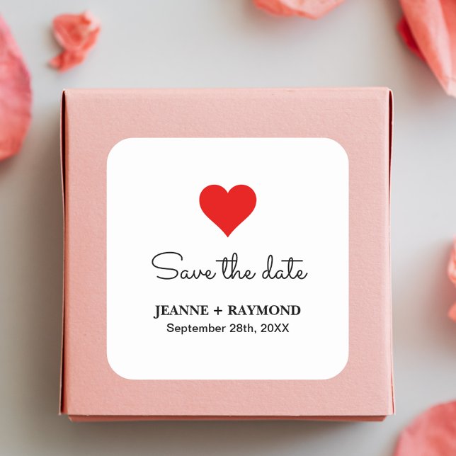 Elegant Red Heart Clean Wedding Save the date Square Sticker (Creator Uploaded)