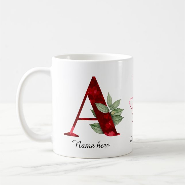 Elegant Red Heart Floral Letter A Initial Coffee  Mug (Left)