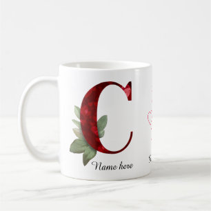 Elegant Red Heart Floral Letter C Initial Coffee M Mug