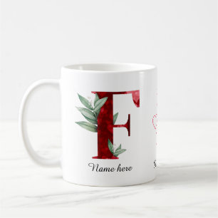 Elegant Red Heart Floral Letter F Initial Coffee E Mug
