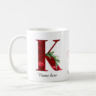 Elegant Red Heart Floral Letter K Initial Mug