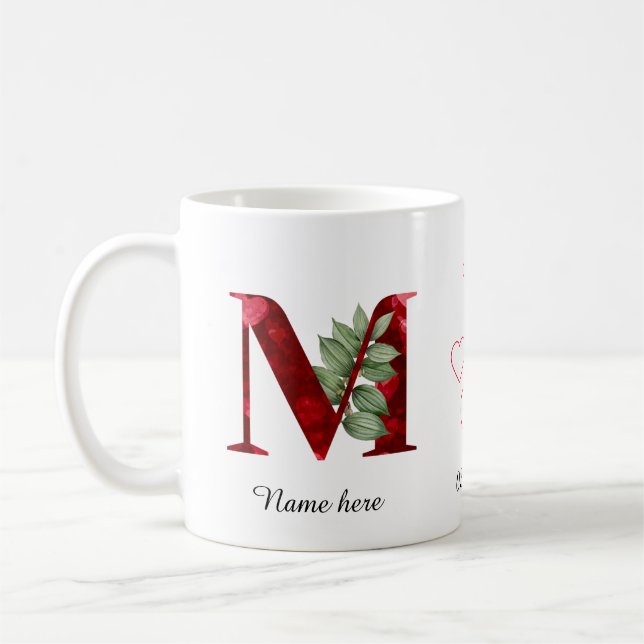 Elegant Red Heart Floral Letter M Initial Mug (Left)