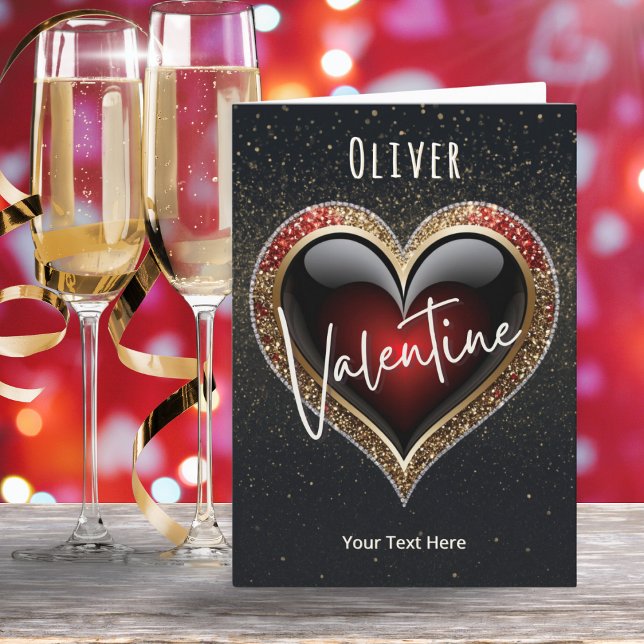 Elegant Red Heart Glitter Effect Valentine's Day Holiday Card (A modern and elegant Valentine's Day card, with ruby-red love heart and customizable text)