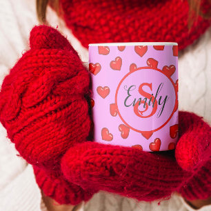 Elegant Red heart pattern on purple monogram Coffee Mug