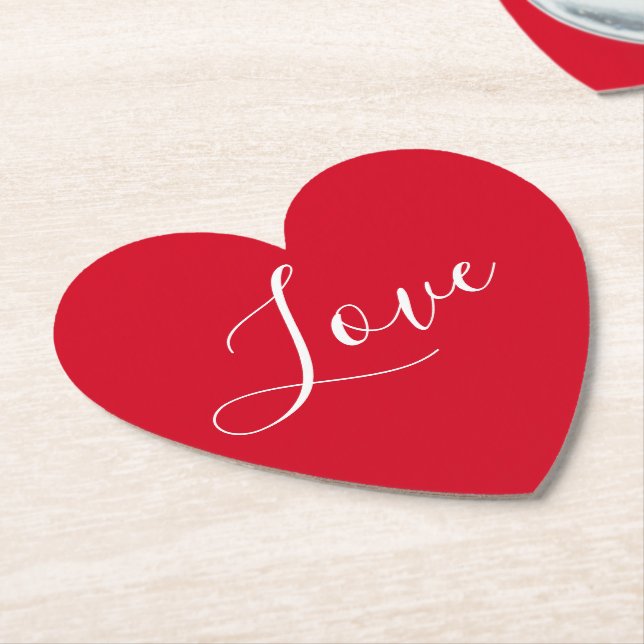 Elegant Red Heart Script Love Valentines Day Paper Coaster (Angled)