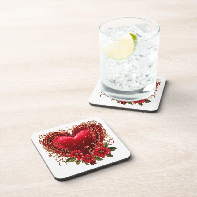 Elegant Red Heart with Flowers Coaster (Right Side)