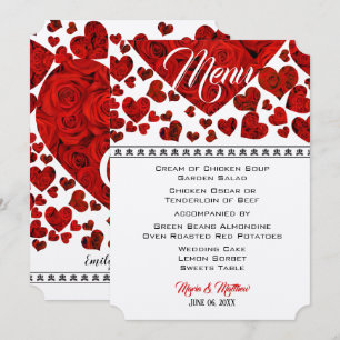 Elegant Red Hearts and Roses Wedding Menu Invitation