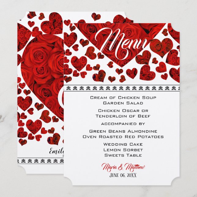 Elegant Red Hearts and Roses Wedding Menu Invitation (Front/Back)