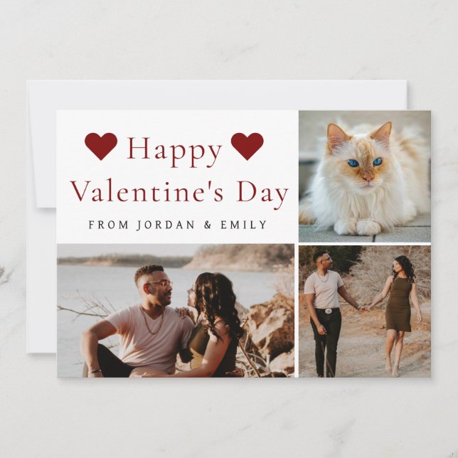 Elegant Red Hearts Happy Valentine's Day 3 Photo Holiday Card (Front)